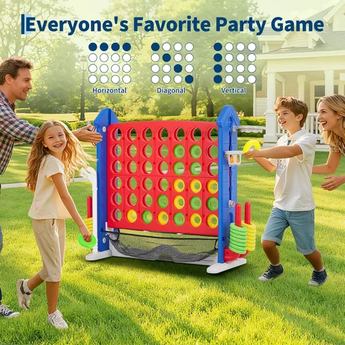 Miniatura 4 de PeakPursuit Juego gigante 4 en fila para niños y adultos, juego familiar al aire libre con altura ajustable, lanzamiento de anillo de baloncesto