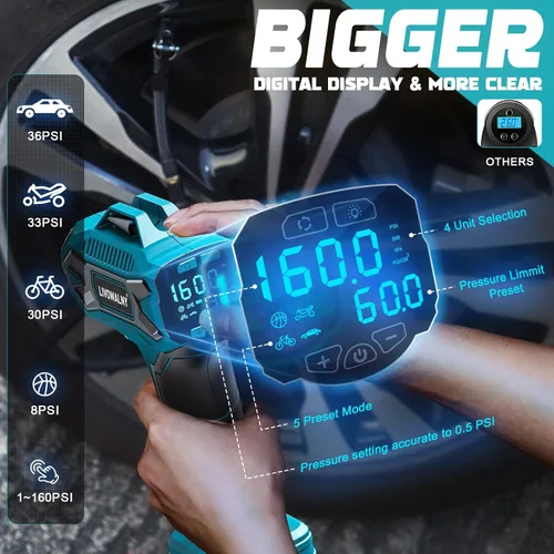 Miniatura 3 de Compresor de aire para inflador de neumáticos compatible con batería Makita de 18 V, bomba de aire eléctrica portátil inalámbrica LIVOWALNY de 160