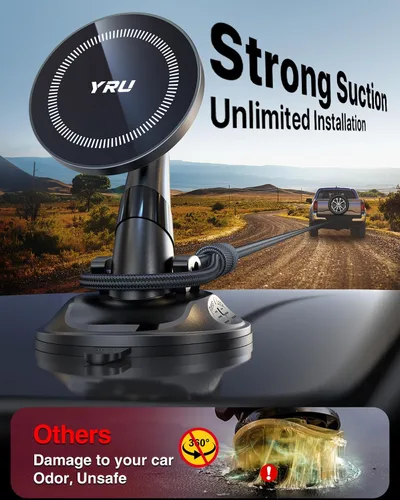 Miniatura 2 de YRU Soporte de teléfono de grado militar verdadero mejorado para Magsafe Soporte de automóvil giratorio de 360° con succión al vacío, 2800gf soporte