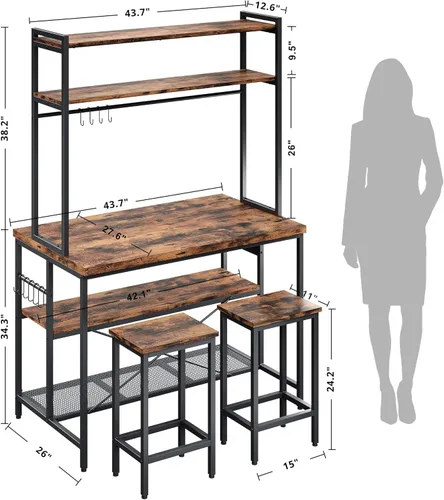 Miniatura 2 de IRONCK Isla de cocina con taburetes, estante para panadería con almacenamiento y toma de corriente, mesa de café industrial para cocina, comedor