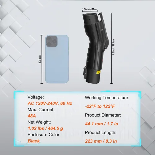Miniatura 7 de VEVOR Diseñado para adaptador Tesla a J1772, 48A 240V apto para todos los J1772 EVs, adaptador de cargador IP56 EV con bloqueo anticaída y bolsa
