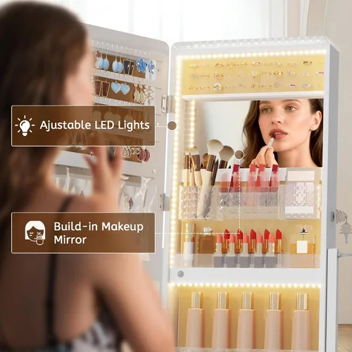 Miniatura 13 de LVSOMT Armario con espejo LED RGB para joyería, organizador de joyas de pie, espejo de cuerpo entero con almacenamiento de joyas, espejo de piso
