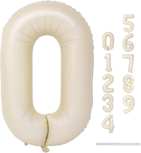 Miniatura 9 de Globos color crema de 40 pulgadas con números grandes del 0 al 9, globos autoinflables de helio con el número 0 de arena blanca para niños y niñas