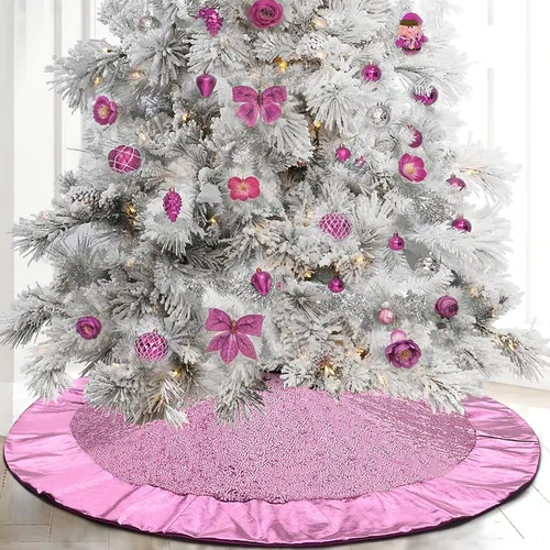 Miniatura 7 de Falda de árbol rosa para árbol de 7 pies, falda de árbol de Navidad de 48 pulgadas, falda de árbol de lentejuelas con purpurina de doble capa