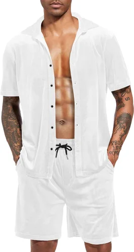 Miniatura 62 de LecGee Conjunto de pantalones cortos casuales de verano para hombre, camisa de terciopelo de manga corta con botones, pantalones cortos de cintura
