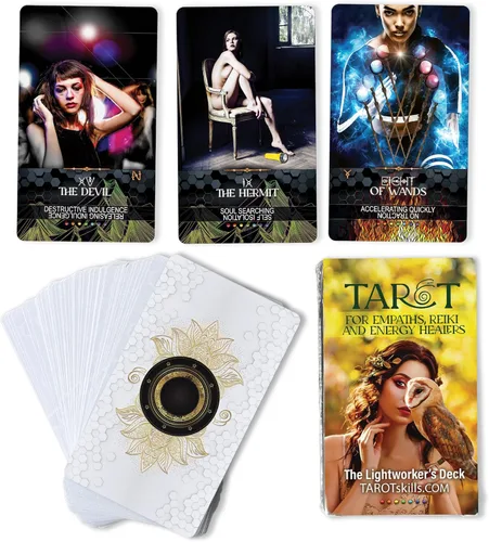 TAROTskills Baraja de tarot de Lightworker: 78 cartas de tarot para principiantes con símbolos de jinete de espera, chakras y reiki alineados,