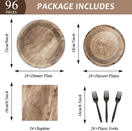 Miniatura 2 de 96 piezas de suministros de madera rústica para fiesta de árbol, juego de vajilla de leñador, decoración de fiesta de camping, caza, suministros