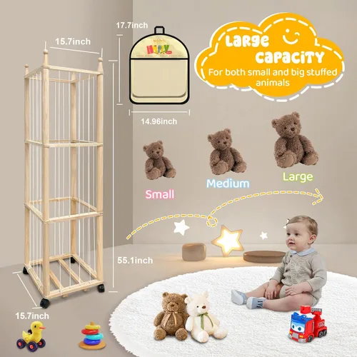 Miniatura 2 de Pmbqifay Organizador de animales de peluche, lindo animal de peluche de madera para almacenamiento de zoológico, jaula de juguetes de peluche