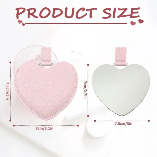 Miniatura 7 de Espejo compacto de acero inoxidable, espejo de bolsillo inastillable en forma de corazón con funda de piel sintética, mini espejo irrompible