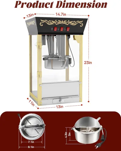 Miniatura 6 de Máquina de palomitas de maíz para encimera de 12 onzas, máquina de palomitas de maíz profesional retro, máquina de palomitas de maíz estilo cine