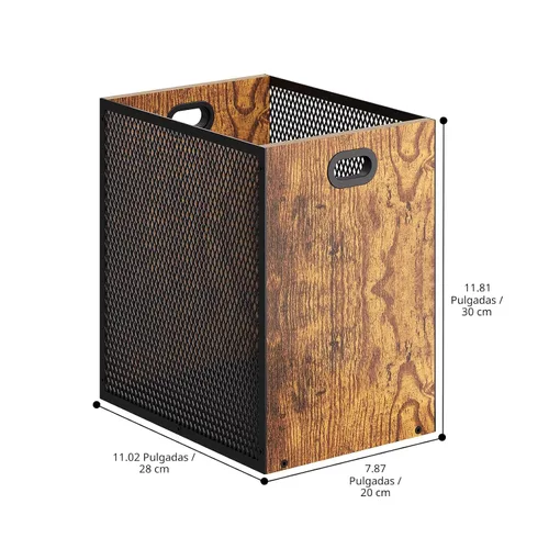 Miniatura 7 de Huxitocan - Cubo de basura retro para oficina, combinación de hierro y madera para dormitorio, cesta de basura rectangular con asa, diseño