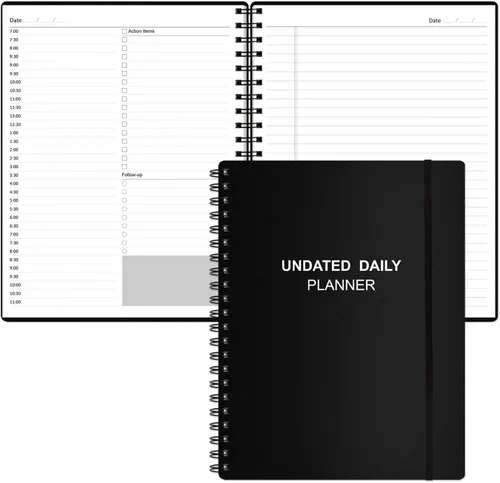 Agenda diaria sin fecha: agenda sin fecha con horarios, artículos de acción y seguimiento, cuaderno organizador diario A4 para aumentar la