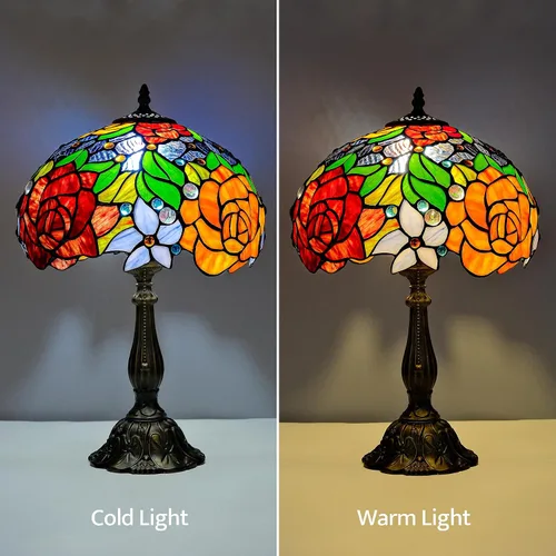 Miniatura 5 de Tiffany Style Stained Glass Table Lamp, Floral Pattern Desk Light with Antique Bronze Resin Base, Red Roses Decorative Lighting for Bedroom, Living