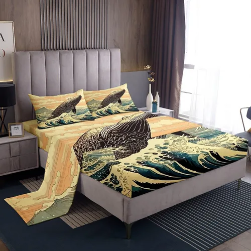 Erosebridal Juego de sábanas de ballena náutica, tamaño individual, juego de ropa de cama vintage azul con ondas oceánicas para niños y niñas,