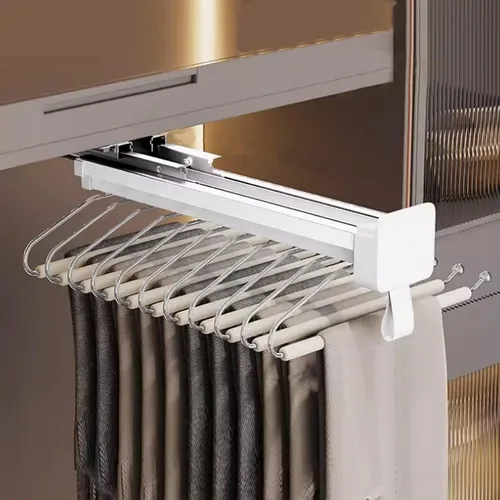 Miniatura 10 de Barra de valet extraíble para armario, soporte retráctil de 88.2 lbs, barra de armario ajustable de aleación de aluminio, riel de ropa extraíble