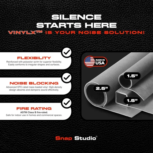 Miniatura 6 de VinylX™ Vinilo reforzado con carga en masa (MLV) – Barrera insonorizada flexible y resistente para paredes, techos, suelos – Clasificación ASTM