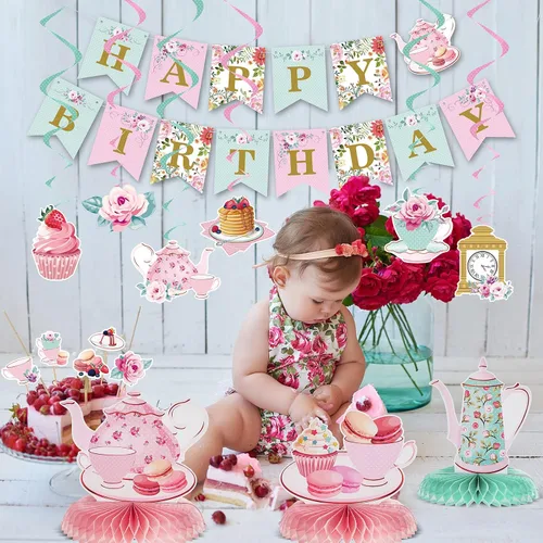 Miniatura 7 de Decoraciones florales de fiesta de té y cumpleaños - Suministros de fiesta "Tea for Two" para niñas pequeñas, guirnalda floral colgante y centro