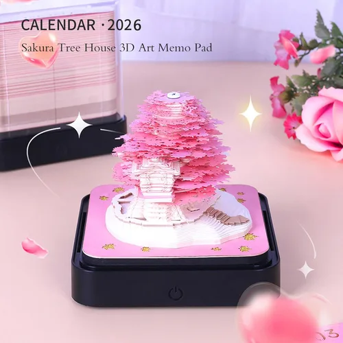 Miniatura 2 de Calendario de escritorio 3D 2026 con luces, calendario 2026 pieza de tiempo, bloc de notas 3D, arte de papel, árbol romántico, creativo, 3D, Árbol