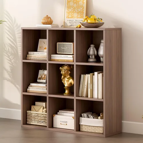 Miniatura 9 de OSCHF - Estantería de almacenamiento de 9 cubos, estantería de madera de 3 niveles con soporte en el suelo, estantería abierta para el hogar