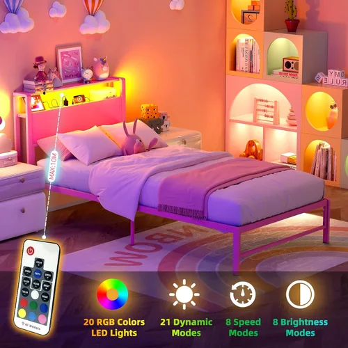 Miniatura 5 de Weehom Estructuras de Cama Individual con Estantes de Almacenamiento de Madera de 2 Niveles en el Cabecero, Cama Tamaño Individual con Estaciones