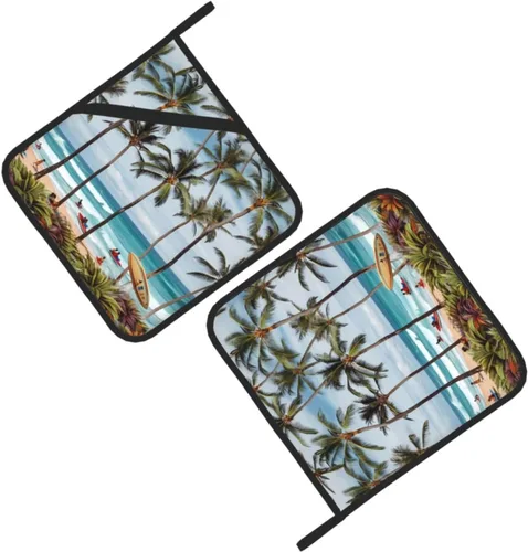 Miniatura 6 de Juego de 2 soportes para ollas resistentes al calor, para cocinar en el microondas, surfista hawaiano en soportes ondulados para ollas para horno