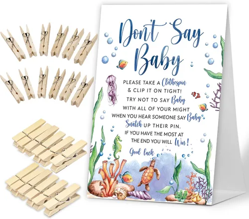 Miniatura 12 de No digas juego de bebé, Here Comes the Sun, juego de baby shower incluye letrero de baby shower y 50 pinzas para la ropa, decoración de baby shower