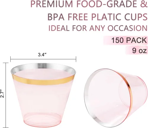 Miniatura 2 de LUODA 150 vasos de plástico rosa, vasos desechables transparentes de 9 onzas con borde dorado, vasos de plástico con borde dorado, vasos de plástico