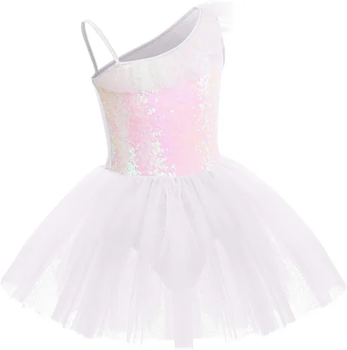 Miniatura 2 de IDOPIP Vestido de ballet con lentejuelas y volantes de un hombro para niñas, tutú con falda, leotardo de bailarina, traje de baile para niños