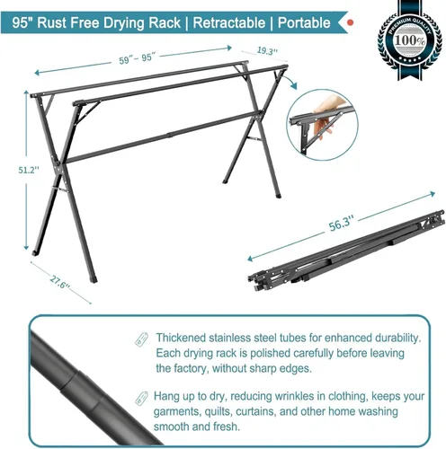 Miniatura 4 de JAUREE Estante de secado de ropa de 95 pulgadas, estante de secado plegable para interiores y exteriores, de acero inoxidable resistente, perchero