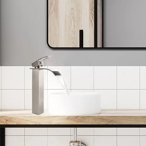 Miniatura 2 de VOTON - Grifo de fregadero de níquel cepillado moderno alto con cascada para fregadero de baño, con desagüe desplegable, grifo de baño de una sola