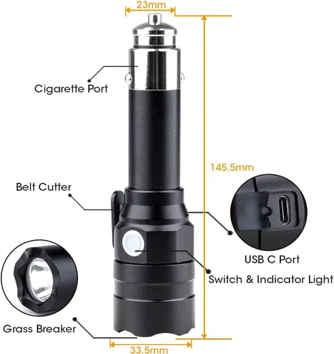 Miniatura 7 de Linterna pequeña recargable con encendedor de cigarrillos de coche de 12 voltios y USB C para vehículos de emergencia, herramienta de escape