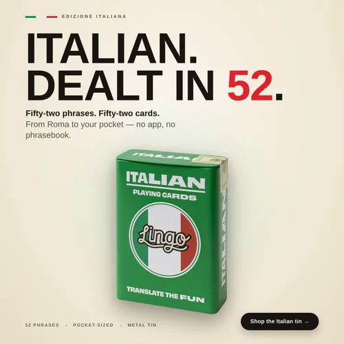 Miniatura 6 de Lingo Naipes italianos en lata de viaje premium Aprende vocabulario y frases italianas para adultos y principiantes Edición de caja de regalo
