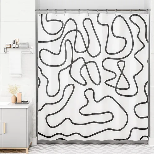 Miniatura 8 de AmazerBath - Cortina de ducha, juego de cortinas de tela lavable en negro y blanco con 12 ganchos de cortina de metal, cortinas de ducha de tela