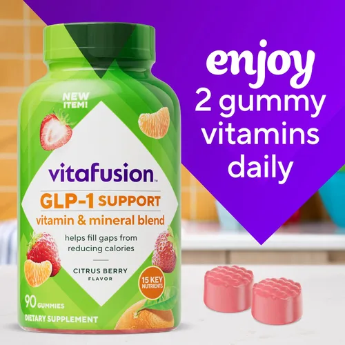 Miniatura 7 de vitafusion GLP-1 Support Multivitamínico, mezcla de vitaminas y minerales, 15 nutrientes esenciales, sabor a bayas cítricas, 90 unidades, suministro