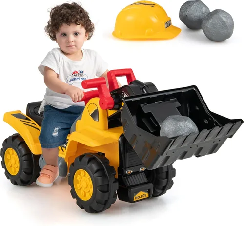 Costzon Excavadora para montar, vehículos de construcción para montar con casco, 3 piedras de juguete, sonido realista, cucharón ajustable y