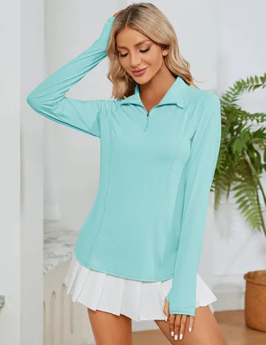 Miniatura 4 de LOMON Camisas de manga larga para mujer, protección solar, cremallera de 14, de verano, de secado rápido, para senderismo, con cremallera de un