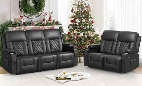 Miniatura 24 de FURNIMAT Sofá reclinable biplaza, sofá reclinable doble de 3 plazas con consola abatible, moderno sofá biplaza de cuero PU para sala de estar/casa