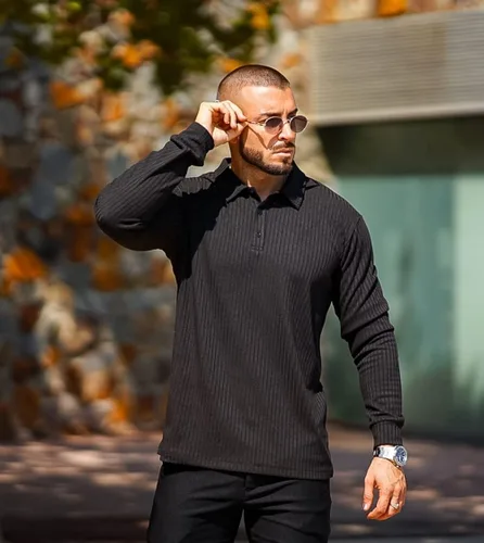 Miniatura 3 de GINGTTO Polo y suéter de manga larga para hombre ajuste delgado elástico casual elegante con botones