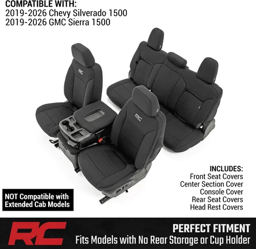 Miniatura 7 de Cubiertas de asiento de neopreno Rough Country para Chevy Silverado y GMC Sierra 1500 (2019-2026) sin almacenamiento trasero ni portavasos