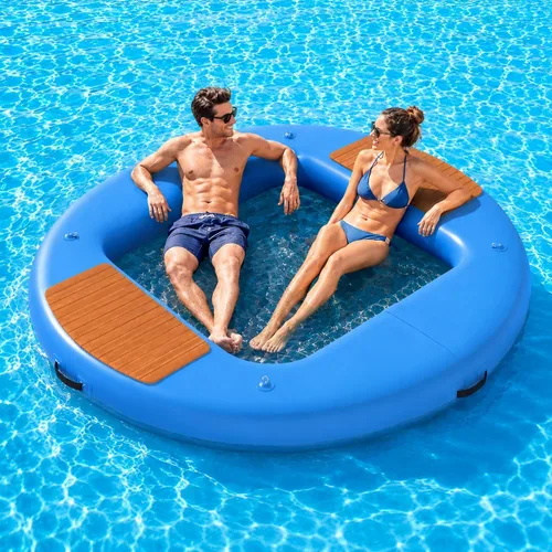 Miniatura 29 de Muelle flotante inflable redondo de 6 a 12 pies, anillo de flotador Sunchill, hamaca de agua para broncear flotadores de piscina con tela tejida