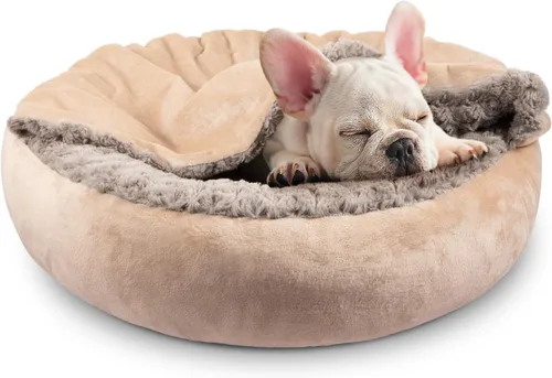 Miniatura 9 de JOEJOY Cama pequeña para perros y gatos con manta con capucha, acogedora y lujosa cama para cachorros en forma de dona redonda que alivia