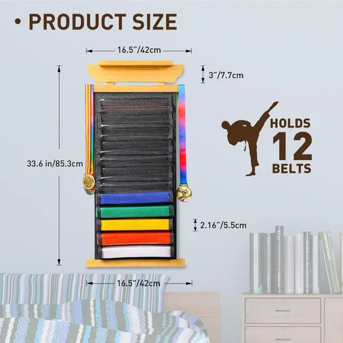 Miniatura 2 de Tilhumt 10/12 Belts Karate Belt Display Rack with Photo Shelf, Felt Taekwondo Belt Display Rack Martial Arts Belt Display for Adults TKD, BJJ Bambú