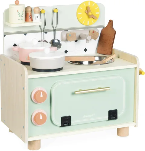 Janod - Cocina de madera para niños - Cocina pequeña para niños - Equipada con horno, fregadero y 10 accesorios incluidos - Botones de sonido