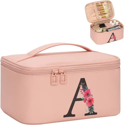 Miniatura 77 de OCHEAL Bolsa de maquillaje personalizada, bolsa de maquillaje beige para mujer, kit de aseo de viaje con monograma, organizador de cosméticos listo
