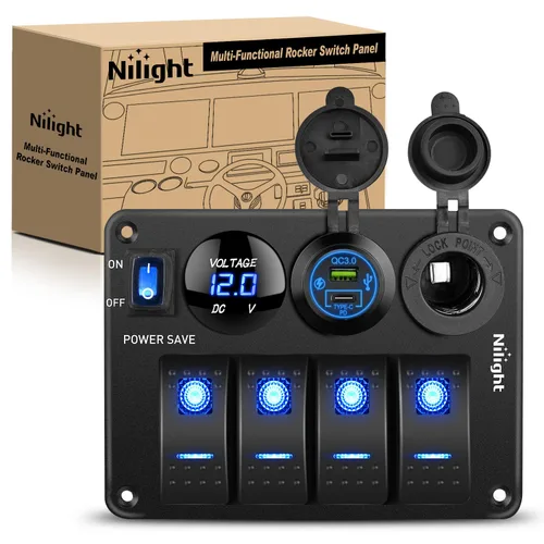 Miniatura 28 de Nilight - Panel de interruptor basculante de 4 bandas 90117G, panel de interruptores de aluminio precableado impermeable con doble USB encendedor