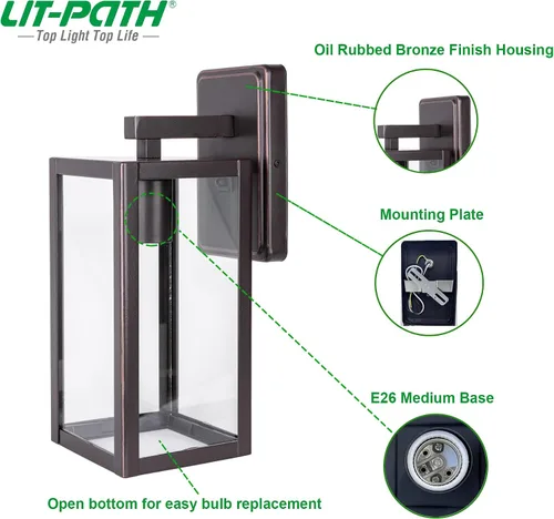 Miniatura 2 de LIT-PaTH Farol de Pared para Exteriores, Aplique de Pared como Accesorio de Iluminación de Porche, Base Mediana E26 Máximo 60W, Metal Antioxidante