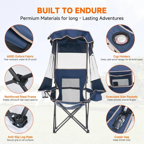 Miniatura 5 de LILYPELLE Silla de playa con toldo y reposapiés, silla de camping plegable portátil con bolsa enfriadora y soporte para tazas, parasol ajustable