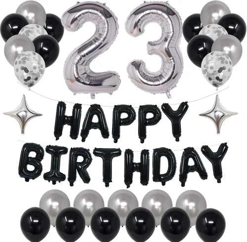 Miniatura 8 de Decoraciones de fiesta de cumpleaños color negro y plateado para niños y niñas, suministros de fiesta de cumpleaños número 14 con pancarta negra