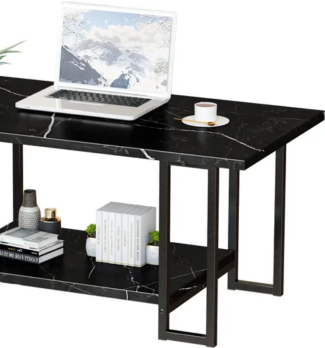 Miniatura 6 de AWQM Mesa de Centro de Mármol, Mesa de Centro Rectangular con Superficie de Mármol Sintético y Marco de Metal Negro, Mesa de Sala de 2 Niveles