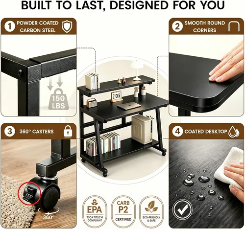 Miniatura 7 de Escritorio compacto de 31.5 pulgadas para computadora con mesa de trabajo de niveles y ruedas con bloqueo, escritorio pequeño para dormitorio